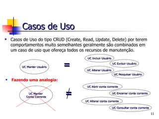 Casos de Uso do tipo CRUD (Create, Read, Update, Delete) por terem comportamentos muito semelhantes geralmente são combinados em um caso de uso que ofereça todos os recursos de manutenção. = UC Manter Usuário UC Incluir Usuário UC Excluir Usuário UC Alterar Usuário UC Pesquisar Usuário UC Manter  Conta Corrente UC Abrir conta corrente UC Encerrar conta corrente UC Alterar conta corrente UC Consultar conta corrente Fazendo uma analogia: Casos de Uso = 