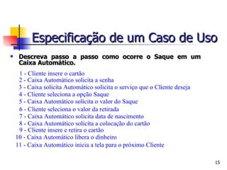 Descreva passo a passo como ocorre o Saque em um Caixa Automático. 1 - Cliente insere o cartão 2 - Caixa Automático solicita a senha 3 - Caixa solicita Automático solicita o serviço que o Cliente deseja 4 - Cliente seleciona a opção Saque 5 - Caixa Automático solicita o valor do Saque 6 - Cliente seleciona o valor da retirada 7 - Caixa Automático solicita data de nascimento 8 - Caixa Automático solicita a colocação do cartão 9 - Cliente insere e retira o cartão 10 - Caixa Automático libera o dinheiro 11 - Caixa Automático inicia a tela para o próximo Cliente Especificação de um Caso de Uso 