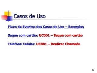 Fluxo de Eventos dos Casos de Uso – Exemplos Saque com cartão:  UC001 – Saque com cartão  Telefone Celular:   UC001 – Realizar Chamada Casos de Uso 