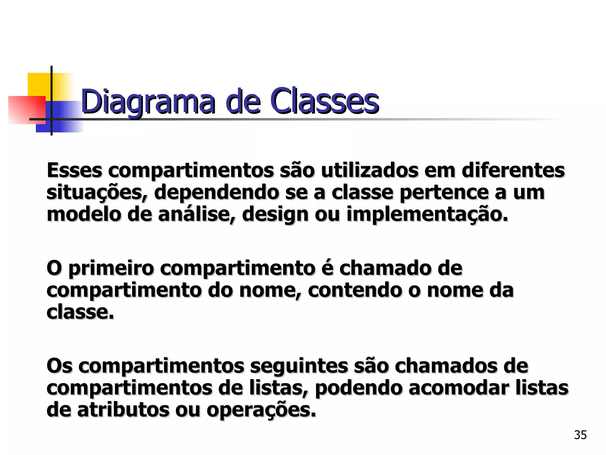   Esses compartimentos são utilizados em diferentes situações, dependendo se a classe pertence a um modelo de análise, design ou implementação.  O primeiro compartimento é chamado de compartimento do nome, contendo o nome da classe. Os compartimentos seguintes são chamados de compartimentos de listas, podendo acomodar listas de atributos ou operações. Diagrama de  Classes 