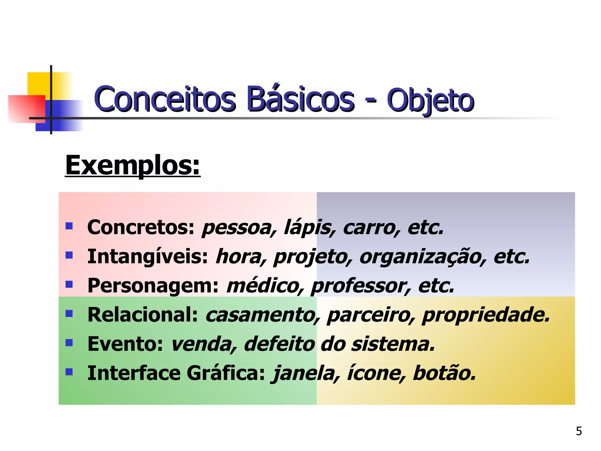 Exemplos: Concretos:  pessoa, lápis, carro, etc. Intangíveis:  hora, projeto, organização, etc. Personagem:  médico, professor, etc. Relacional:  casamento, parceiro, propriedade. Evento:  venda, defeito do sistema. Interface Gráfica:  janela, ícone, botão. Conceitos Básicos -  Objeto   
