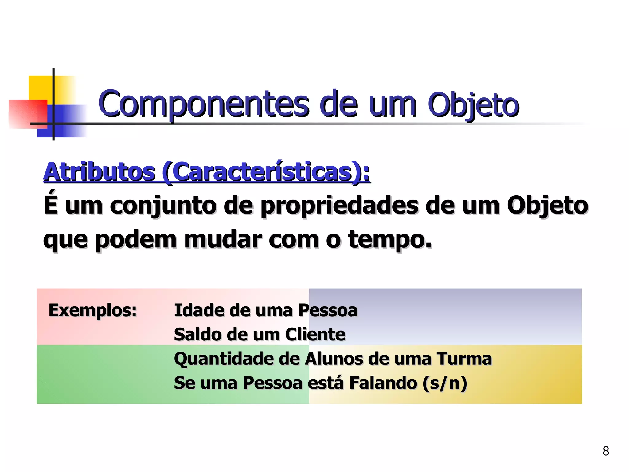 Atributos (Características): É um conjunto de propriedades de um Objeto que podem mudar com o tempo. Exemplos:  Idade de uma Pessoa Saldo de um Cliente Quantidade de Alunos de uma Turma Se uma Pessoa está Falando (s/n) Componentes de um  Objeto   