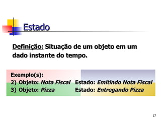 Definição:   Situação de um objeto em um dado instante do tempo.  Exemplo(s): Objeto:  Nota Fiscal Estado:  Emitindo Nota Fiscal Objeto:  Pizza Estado:  Entregando Pizza  Estado 