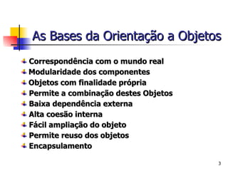 As Bases da Orientação a Objetos Correspondência com o mundo real  Modularidade dos componentes  Objetos com finalidade própria Permite a combinação destes Objetos Baixa dependência externa Alta coesão interna Fácil ampliação do objeto Permite reuso dos objetos Encapsulamento 