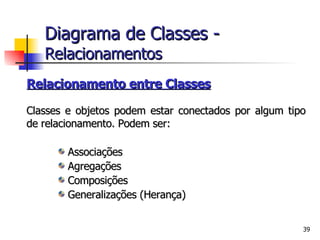 Relacionamento entre Classes   Classes e objetos podem estar conectados por algum tipo de relacionamento. Podem ser: Associações  Agregações Composições Generalizações (Herança) Diagrama de Classes -   Relacionamentos 