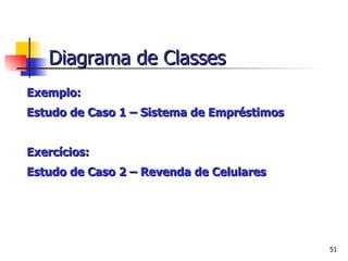 Exemplo: Estudo de Caso 1 – Sistema de Empréstimos Exercícios: Estudo de Caso 2 – Revenda de Celulares Diagrama de Classes 