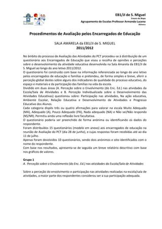 EB1/JI de S. Miguel
                                                                                Enxara do Bispo
                                           Agrupamento de Escolas Professor Armando Lucena
                                                                                       Malveira




    Procedimentos de Avaliação pelos Encarregados de Educação

                       SALA AMARELA da EB1/JI de S. MIGUEL
                                  2011/2012

No âmbito do processo de Avaliação das Atividades do PCT procedeu-se à distribuição de um
questionário aos Encarregados de Educação que visou a recolha de opiniões e perceções
sobre o desenvolvimento da atividade educativa desenvolvida na Sala Amarela da EB1/JI de
S. Miguel ao longo do ano letivo 2011/2012.
O questionário foi construído com base na informação referenciada ao longo do ano letivo
pelos encarregados de educação e famílias e pretendeu, de forma simples e breve, aferir a
perceção global destes sobre alguns dos indicadores de qualidade do processo educativo, do
espaço e materiais e da participação das famílias na vida da escola.
Dividido em duas áreas (A. Perceção sobre o Envolvimento (do Enc. Ed.) nas atividades da
Escola/Sala de Atividades e B. Perceção Individualizada sobre o Desenvolvimento das
Atividades Educativas) questionou sobre: Participação nas atividades, Na ação educativa,
Ambiente Escolar, Relação Educativa e Desenvolvimento de Atividades e Progresso
Educativo dos Alunos.
Cada categoria dispôs três ou quatro afirmações para valorar na escala Muito Adequado
(MA), Adequado (A), Pouco Adequado (PA), Nada adequado (NA) e Não sei/Não respondo
(NS/NR). Permitiu ainda uma reflexão livre facultativa.
O questionário poderia ser preenchido de forma anónima ou identificando os dados do
respondente.
Foram distribuídos 15 questionários (modelo em anexo) aos encarregados de educação na
reunião de Avaliação do PCT (dia 28 de junho), e cujas respostas foram recebidas até ao dia
11 de julho.
Apenas foram devolvidos 10 questionários, sendo dois anónimos e oito identificados com o
nome do respondente.
Com base nos resultados, apresenta-se de seguida um breve relatório descritivo com base
nos gráficos de valores.

Grupo 1
A. Perceção sobre o Envolvimento (do Enc. Ed.) nas atividades da Escola/Sala de Atividades

Sobre a perceção do envolvimento e participação nas atividades realizadas na escola/sala de
atividades, a maior parte dos respondentes considerou ser a sua participação adequada.
 