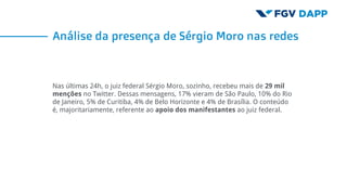 Nas últimas 24h, o juiz federal Sérgio Moro, sozinho, recebeu mais de 29 mil
menções no Twitter. Dessas mensagens, 17% vieram de São Paulo, 10% do Rio
de Janeiro, 5% de Curitiba, 4% de Belo Horizonte e 4% de Brasília. O conteúdo
é, majoritariamente, referente ao apoio dos manifestantes ao juiz federal.
Análise da presença de Sérgio Moro nas redes
 