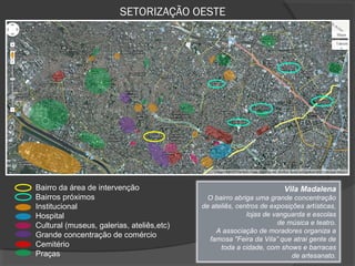 SETORIZAÇÃO OESTE




Bairro da área de intervenção                                         Vila Madalena
Bairros próximos                             O bairro abriga uma grande concentração 
Institucional                              de ateliês, centros de exposições artísticas, 
Hospital                                                  lojas de vanguarda e escolas 
Cultural (museus, galerias, ateliês,etc)                            de música e teatro.
                                               A associação de moradores organiza a 
Grande concentração de comércio
                                             famosa "Feira da Vila” que atrai gente de 
Cemitério                                        toda a cidade, com shows e barracas 
Praças                                                                   de artesanato.
 