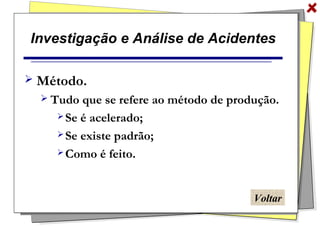 Investigação e Análise de Acidentes
 Método.
 Tudo que se refere ao método de produção.
 Se é acelerado;
 Se existe padrão;
 Como é feito.
Voltar
 