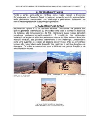 ESPECIALIZAÇÃO EM ENSINO DE GEOGRAFIA/ANÁLISE AMBIENTAL/RELATÓRIO DE AULA DE CAMPO    8

                         III. DEPRESSÃO SERTANEJA
Tendo o sertão semi-árido do nordeste como região natural, a Depressão
Sertaneja aqui no Estado do Ceará compõe um geossistema muito representativo,
onde pedimentos conservados com inselbergs e pedimentos dissecados em
colinas rasas representam suas principais geofácies.

                       1 – CARACTERÍSTICAS GERAIS
Representam quase 70% do território estadual. Dispõem-se na periferia dos
grandes planaltos sedimentares ou embutidas entre estes e os maciços residuais.
As litologias são remanescentes do Pré –Cambriano cujas rochas compõem
complexos gnáissico-migmatítico-granítico. A morfologia das depressões
sertanejas se expõe através dos pedimentos que se inclinam desde a base dos
maciços residuais, dos planaltos sedimentares e dos inselbergs. Caracteriza-se
como uma superfície de erosão já bastante desenvolvida, onde as deficiências
hídricas são responsáveis pela dispersão das caatingas e padrões dentríticos de
drenagem. Os solos apresentam-se rasos e litólicos com grande freqüência de
afloramento de rochas.




                                          VISTA   PANORÂMICA    DA   DEPRESSÃO    SERTANEJA
DETALHES DA PAISAGEM




                            DETALHE DA DEPRESSÃO EM IRAUÇUBA
                          ACENTUADO PROCESSO DE DESERTIFICAÇÃO
 