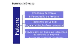Fatore
s
Economia de Escala
Diferenciação de Produto
Requisitos de Capital
Regulamentação Governamental
Desvantagens em Custo que independem
do Tamanho da Empresa
Acesso aos Canais de Distribuição
Barreiras à Entrada
 