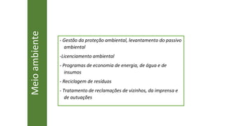 8
- Gestão da proteção ambiental, levantamento do passivo
ambiental
-Licenciamento ambiental
- Programas de economia de energia, de água e de
insumos
- Reciclagem de resíduos
- Tratamento de reclamações de vizinhos, da imprensa e
de autuações
Meio
ambiente
 