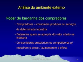 Análise do ambiente externo Poder de barganha dos compradores -   Compradores – consomem produtos ou serviços   de determinada indústria - Determina quem se apropria do valor criado na   indústria - Consumidores pressionam os competidores p/   reduzirem o preço / aumentarem a oferta Disponível em: http://oseaslima.blogspot.com 