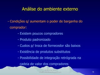 Análise do ambiente externo - Condições q/ aumentam o poder de barganha do comprador: - Existem poucos compradores - Produto padronizado - Custos p/ troca de fornecedor são baixos - Existência de produtos substitutos - Possibilidade de integração retrógrada na   cadeia de valor dos compradores Disponível em: http://oseaslima.blogspot.com 