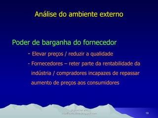 Análise do ambiente externo Poder de barganha do fornecedor -   Elevar preços / reduzir a qualidade - Fornecedores – reter parte da rentabilidade da    indústria / compradores incapazes de repassar   aumento de preços aos consumidores Disponível em: http://oseaslima.blogspot.com 