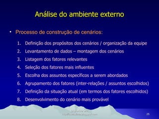 Processo de construção de cenários: Análise do ambiente externo Definição dos propósitos dos cenários / organização da equipe Levantamento de dados – montagem dos cenários Listagem dos fatores relevantes Seleção dos fatores mais influentes Escolha dos assuntos específicos a serem abordados Agrupamento dos fatores (inter-relações / assuntos escolhidos) Definição da situação atual (em termos dos fatores escolhidos) Desenvolvimento do cenário mais provável Disponível em: http://oseaslima.blogspot.com 