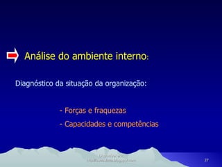 Análise do ambiente interno : Diagnóstico da situação da organização: - Forças e fraquezas - Capacidades e competências Disponível em: http://oseaslima.blogspot.com 