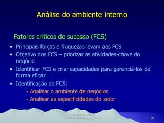 Principais forças e fraquezas levam aos FCS Objetivo dos FCS – priorizar as atividades-chave do negócio Identificar FCS e criar capacidades para gerenciá-los de forma eficaz Identificação de FCS: - Analisar o ambiente de negócios - Analisar as especificidades do setor Análise do ambiente interno Fatores críticos de sucesso (FCS) Disponível em: http://oseaslima.blogspot.com 