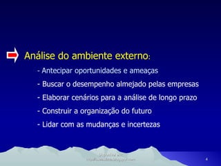 Análise do ambiente externo : -  Antecipar oportunidades e ameaças - Buscar o desempenho almejado pelas empresas - Elaborar cenários para a análise de longo prazo - Construir a organização do futuro - Lidar com as mudanças e incertezas Disponível em: http://oseaslima.blogspot.com 