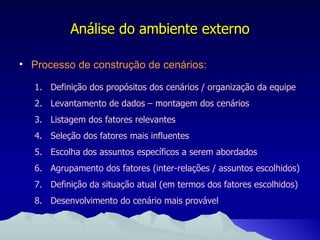Processo de construção de cenários: Análise do ambiente externo Definição dos propósitos dos cenários / organização da equipe Levantamento de dados – montagem dos cenários Listagem dos fatores relevantes Seleção dos fatores mais influentes Escolha dos assuntos específicos a serem abordados Agrupamento dos fatores (inter-relações / assuntos escolhidos) Definição da situação atual (em termos dos fatores escolhidos) Desenvolvimento do cenário mais provável 