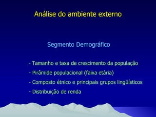 Análise do ambiente externo Segmento Demográfico -   Tamanho e taxa de crescimento da população - Pirâmide populacional (faixa etária) - Composto étnico e principais grupos lingüísticos - Distribuição de renda 