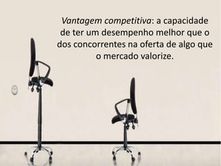 Vantagem competitiva: a capacidade
de ter um desempenho melhor que o
dos concorrentes na oferta de algo que
o mercado valorize.

 