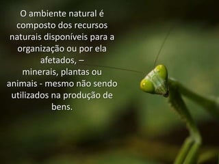 O ambiente natural é
composto dos recursos
naturais disponíveis para a
organização ou por ela
afetados, –
minerais, plantas ou
animais - mesmo não sendo
utilizados na produção de
bens.

 