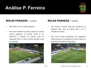 BOLAS PARADAS                  – A FAVOR                      BOLAS PARADAS                 – CONTRA


   Não existiu um livre direto perigoso.                        Nos cantos, a equipa mete dois jogadores na
                                                                  pequena área, seis na grande área e um à
   Nos livres indiretos ou cantos, optam por colocar             entrada da mesma.
    quatro   jogadores   na   grande   aérea   e   um
    elemento   à    entrada   da   mesma,   para   as            Nos livres metem igualmente dez jogadores
    segundas bolas. O canto indireto também pode                  dentro da área. A marcação é à zona e Ozeia é o
    ser aplicado.                                                 elemento mais forte no jogo aéreo.




                                                        Edu                    olhar-transversal.blogspot.com       12
 