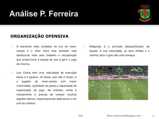 ORGANIZAÇÃO OFENSIVA

   O elemento mais completo do trio do meio-                       Melgarejo   é    o   principal   desequilibrador   da
    campo    é o   Vítor Silva mas       também     este             equipa. A sua velocidade, os seus dribles e o
    destaca-se mais pelo trabalho e recuperação                      instinto para o golo são uma ameaça.
    que proporciona à equipa do que a gerir o jogo
    da mesma.


   Luiz Carlos tem uma velocidade de execução
    baixa e é passivo. Já Josué, que não é titular, é
    o   jogador    do     meio-campo      com     maior
    criatividade, qualidade de passe e capacidade de
    organização    de   jogo. No entanto, ainda é
    inexperiente   e    precisa   de   crescer   noutros
    aspetos táticos, essencialmente defensivos e em
    prol do coletivo.




                                                           Edu                       olhar-transversal.blogspot.com          5
 