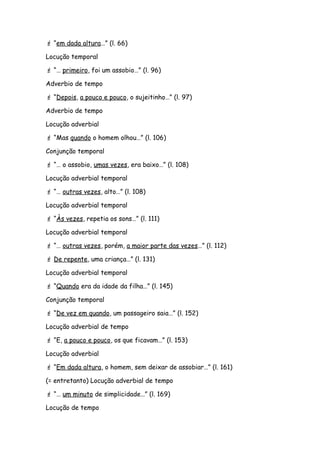  “em dada altura…” (l. 66)
Locução temporal
 “… primeiro, foi um assobio…” (l. 96)
Adverbio de tempo
 “Depois, a pouco e pouco, o sujeitinho…” (l. 97)
Adverbio de tempo
Locução adverbial
 “Mas quando o homem olhou…” (l. 106)
Conjunção temporal
 “… o assobio, umas vezes, era baixo…” (l. 108)
Locução adverbial temporal
 “… outras vezes, alto…” (l. 108)
Locução adverbial temporal
 “Às vezes, repetia os sons…” (l. 111)
Locução adverbial temporal
 “… outras vezes, porém, a maior parte das vezes…” (l. 112)
 De repente, uma criança…” (l. 131)
Locução adverbial temporal
 “Quando era da idade da filha…” (l. 145)
Conjunção temporal
 “De vez em quando, um passageiro saia…” (l. 152)
Locução adverbial de tempo
 “E, a pouco e pouco, os que ficavam…” (l. 153)
Locução adverbial
 “Em dada altura, o homem, sem deixar de assobiar…” (l. 161)
(= entretanto) Locução adverbial de tempo
 “… um minuto de simplicidade…” (l. 169)
Locução de tempo
 