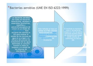 *
Las bacterias aerobias
son todas las bacterias
heterótrofas, aerobias o
anaerobias facultativas,
mesófilas y
psicotróficascapaces de
crecer en un medio de
agarnutritivo. Este
recuento de colonias es
útil para evaluar el
estado de los recursos de
agua en su origen y la
eficacia del proceso de
tratamiento de las aguas
destinadas al consumo
humano e indica la
limpieza y el estado de
los sistemas de
distribución
Este método se basa en
contar el nºde colonias
desarrolladas en Agar
Extracto de levadura
Triptona, transcurridas
48 h y a 37ºC de
incubación
El resultado se expresará,
como nº de bacterias
totales en 1 ml. Se estima
utilizando aquellos filtros
de membrana que tengan
20-80 colonias de
coliformesy no más de
200.
 