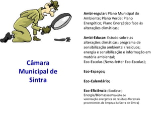 Câmara Municipal de Sintra Ambi-regular:  Plano Municipal do Ambiente; Plano Verde; Plano Energético; Plano Energético face às alterações climáticas; Ambi-Educar:  Estudo sobre as alterações climáticas; programa de sensibilização ambiental (resíduos; energia e sensibilização e informação em matéria ambiental;  Eco-Escolas (News-letter Eco-Escolas); Eco-Espaços; Eco-Calendário; Eco-Eficiência  ( Biodiesel; Energia/Biomassa  (Projecto de valorização energética de resíduos florestais provenientes da limpeza da Serra de Sintra) 
