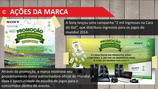 AÇÕES DA MARCA
A Sony lançou uma campanha “2 mil Ingressos na Cara
do Gol”, que distribuiu ingressos para os jogos do
mundial 2014.
Através da promoção, a marca mostrava seu
posicionamento como patrocinadora oficial do mundial, e
dava a oportunidade de escolha de jogos para o
consumidor dentro do evento.
 