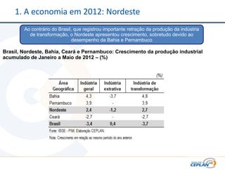 1. A economia em 2012: Nordeste
        Ao contrário do Brasil, que registrou importante retração da produção da indústria
          de transformação, o Nordeste apresentou crescimento, sobretudo devido ao
                               desempenho da Bahia e Pernambuco

Brasil, Nordeste, Bahia, Ceará e Pernambuco: Crescimento da produção industrial
acumulado de Janeiro a Maio de 2012 – (%)
 
