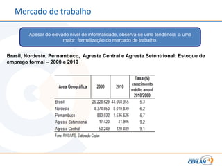 Mercado de trabalho

        Apesar do elevado nível de informalidade, observa-se uma tendência a uma
                       maior formalização do mercado de trabalho.


Brasil, Nordeste, Pernambuco, Agreste Central e Agreste Setentrional: Estoque de
emprego formal – 2000 e 2010
 
