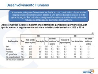 Desenvolvimento Humano
         Novamente, o Agreste Setentrional se destaca com o maior ritmo de expansão
          da proporção de domicílios com acesso a um serviço básico: no caso, a rede
         geral de esgoto. Por outro lado, o Agreste Central experimenta o maior ritmo de
                       redução da proporção de domicílios sem banheiro.

 Agreste Central e Agreste Setentrional: domicílios particulares permanentes, por
tipo de acesso a esgotamento sanitário e existência de banheiro – 2000 e 2010
 