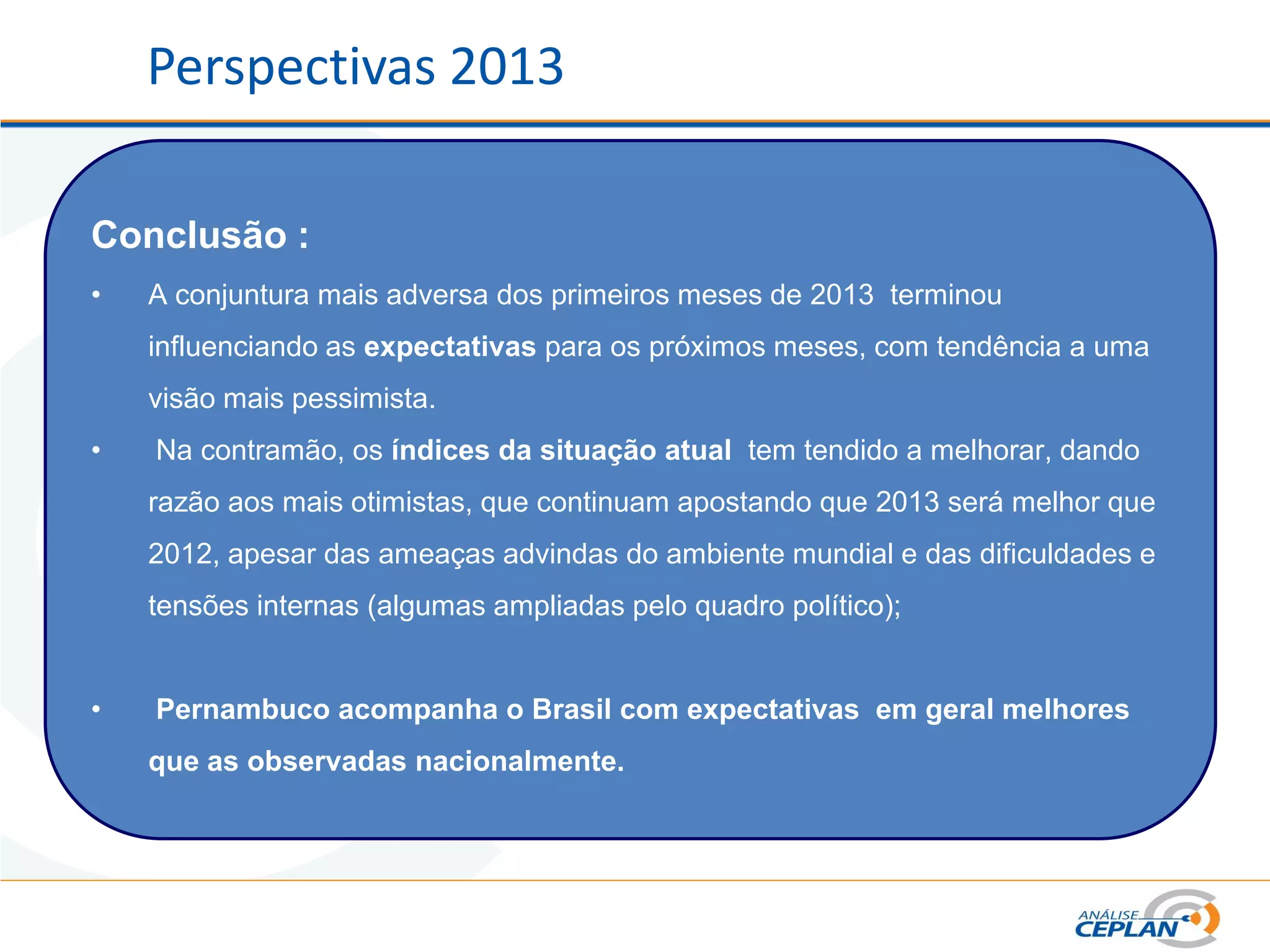 Conclusão :
• A conjuntura mais adversa dos primeiros meses de 2013 terminou
influenciando as expectativas para os próximos meses, com tendência a uma
visão mais pessimista.
• Na contramão, os índices da situação atual tem tendido a melhorar, dando
razão aos mais otimistas, que continuam apostando que 2013 será melhor que
2012, apesar das ameaças advindas do ambiente mundial e das dificuldades e
tensões internas (algumas ampliadas pelo quadro político);
• Pernambuco acompanha o Brasil com expectativas em geral melhores
que as observadas nacionalmente.
Perspectivas 2013
 