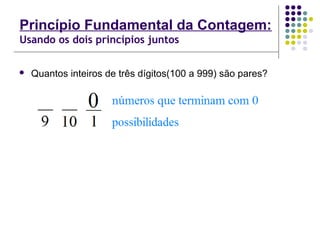 Princípio Fundamental da Contagem:
Usando os dois princípios juntos
 Quantos inteiros de três dígitos(100 a 999) são pares?
 