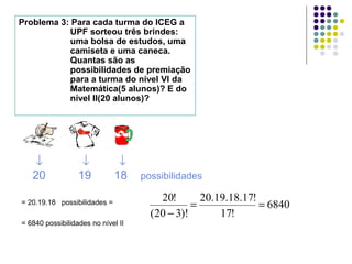 Problema 3: Para cada turma do ICEG a
UPF sorteou três brindes:
uma bolsa de estudos, uma
camiseta e uma caneca.
Quantas são as
possibilidades de premiação
para a turma do nível VI da
Matemática(5 alunos)? E do
nível II(20 alunos)?
↓ ↓ ↓
20 19 18 possibilidades
= 20.19.18 possibilidades =
= 6840 possibilidades no nível II
6840
!17
!17.18.19.20
)!320(
!20
==
−
 