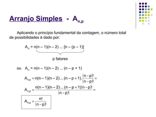 Arranjo Simples - An,p
Aplicando o princípio fundamental da contagem, o número total
de possibilidades é dado por:
An,p = n(n – 1)(n – 2) ... [n – (p – 1)]
p fatores
ou An,p = n(n – 1)(n – 2) ... (n – p + 1)
( )
( )
( )
( )
( )!pn
n!
A
!pn
!pn1)p–(n...2)–1)(n–n(n
A
!pn
!pn
1).p–(n...2)–1)(n–n(nA
pn,
pn,
pn,
−
=
=
−
−+
=
=
−
−
+=
 