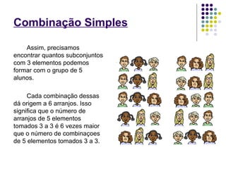Combinação Simples
Assim, precisamos
encontrar quantos subconjuntos
com 3 elementos podemos
formar com o grupo de 5
alunos.
Cada combinação dessas
dá origem a 6 arranjos. Isso
significa que o número de
arranjos de 5 elementos
tomados 3 a 3 é 6 vezes maior
que o número de combinaçoes
de 5 elementos tomados 3 a 3.
 