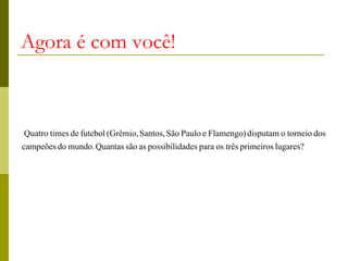 Agora é com você!



Quatro times de futebol (Grêmio, Santos, São Paulo e Flamengo) disputam o torneio dos
campeões do mundo. Quantas são as possibilidades para os três primeiros lugares?
 