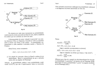146 Probabilidade
r--'---------A'---------------------,
' Converte (C)
--+
Não Converte (C) j
Não do Barnengo
r-----------------------------------.
~ ã oConverte (€1 jI _ _ _ _ _ _ _ _ _ _ _ _ _ _ _ _ _ _ - - - - - - - - - - - - - - - - -
Fig. 5.3
Os níimeros em cada ramo representam as probabilidades
condicionaisdo evento associado ao final do ramo, dado a sequência
de eventos que nos conduziu ao início do ramo.
A decomposição do evento "pènalti é convertido" em even-
tos disjuntos é feita, no diagrama, tomando-se todos os caminhos
sobre a árvore que levam a este evento. A probabilidade cor-
respondente a cada caminho é calculada usando o Teorema do
Produto.
Desta forma, temos novamente:
c ) Um pênalti foi marcado a favor do Brasil e acabou de ser
desperdiçado. Qual é a probabilidade de que o cobrador
tenha sido iim jogador do Flamengo?
Solução: A probabilidade pedida é uma probabilidade condi-
cional (P(F/C))qtie não é explicitamentc dada no enunciado.
Cap.5 Probabilidade 147
Para calculá-la recorremos h definição de probabilidade codicional
e ao diagrama de árvore introduzido no item (b).
Converte (C)
0.2 NGo do
0.3F1aTgO  ~ ã oConverte (C)
Fig. 5.4
Temos
(siga o caminho correspondente na árvore);
P@) = 0,8 x 0,6+0,2 x 0,3 = 0,54
(siga os caminhos na árvore que levam a "não verte");
(Observe que o fato de o pênalti ter sido desperdiçado fez com que
a probabilidade "a posteriori" do batedor ser do Flamengo (0,89)
fosse maior do que a probabilidade "apriori" do jogador escolhido
ser do Flamengo (0,8).). O
 