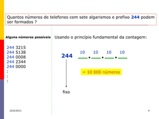 Quantos números de telefones com sete algarismos e prefixo 244 podem
ser formados ?


Alguns números possíveis   Usando o princípio fundamental da contagem:

244   3215
244   5138                            10    10     10    10
244   0008                    244
244   2344
244   0000
:                                      = 10 000 números
:
:

                              fixo



  22/6/2011                                                              4
 