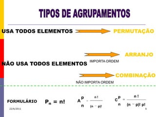 USA TODOS ELEMENTOS                         PERMUTAÇÃO



                                                    ARRANJO
NÃO USA TODOS ELEMENTOS
                                IMPORTA ORDEM



                                            COMBINAÇÃO
                        NÃO IMPORTA ORDEM



                            p        n!         p        n!
 FORMULÁRIO   Pn = n!   A                   C
                                                n   (n   p)! p!
                            n   (n    p)!
  22/6/2011                                                   6
 