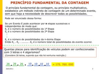 PRINCÍPIO FUNDAMENTAL DA CONTAGEM
 O princípio fundamental da contagem, ou princípio multiplicativo,
estabelece um método indireto de contagem de um determinado evento,
sem que haja a necessidade de descrever todas as possibilidades.
Pode ser enunciado dessa forma:

Se um Evento E pode acontecer por n etapas sucessivas e
independentes de modo que:
E1 é o número de possibilidades da 1ª Etapa
E2 é o número de possibilidades da 2ª Etapa
  :
  :
En é o número de possibilidades da n-ésima Etapa
Então E1 . E2 . ......... .Ek é o número total de possibilidades do evento ocorrer.


Quantas placas para identificação de veículos podem ser confeccionadas
com 3 letras e 4 algarismos?
(Considere 26 letras, supondo que não há nenhuma restrição.)



 26      26   26      10    10 10       10    = 175. 760. 000
 28/6/2011                                                                        3
 