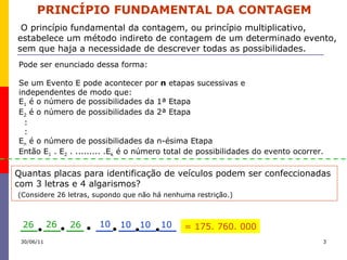PRINCÍPIO FUNDAMENTAL DA CONTAGEM O princípio fundamental da contagem, ou princípio multiplicativo,  estabelece um método indireto de contagem de um determinado evento,  sem que haja a necessidade de descrever todas as possibilidades.   Pode ser enunciado dessa forma: Se um Evento E pode acontecer por  n  etapas sucessivas e  independentes de modo que: E 1  é o número de possibilidades da 1ª Etapa E 2  é o número de possibilidades da 2ª Etapa : : E n  é o número de possibilidades da n-ésima Etapa Então E 1  . E 2  . ......... .E k  é o número total de possibilidades do evento ocorrer. Quantas placas para identificação de veículos podem ser confeccionadas  com 3 letras e 4 algarismos?  (Considere 26 letras, supondo que não há nenhuma restrição.) 26 26 26 10 10 10 10 = 175. 760. 000 30/06/11 