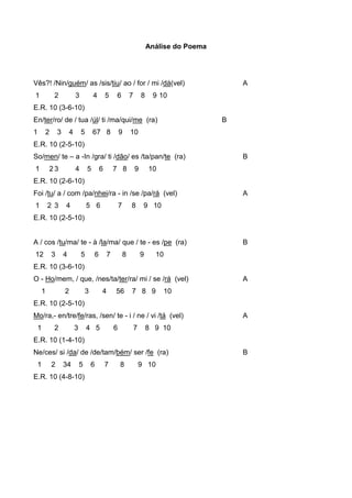 Análise do Poema

Vês?! /Nin/guém/ as /sis/tiu/ ao / for / mi /dá(vel)
1

2

3

4

5

6

7

8

A

9 10

E.R. 10 (3-6-10)
En/ter/ro/ de / tua /úl/ ti /ma/qui/me (ra)
1

2

3

4

5

67 8

9

B

10

E.R. 10 (2-5-10)
So/men/ te – a -In /gra/ ti /dão/ es /ta/pan/te (ra)
1

23

4

5

6

7 8

9

B

10

E.R. 10 (2-6-10)
Foi /tu/ a / com /pa/nhei/ra - in /se /pa/rá (vel)
1

2 3

4

5 6

7

8

A

9 10

E.R. 10 (2-5-10)

A / cos /tu/ma/ te - à /la/ma/ que / te - es /pe (ra)
12

3

4

5

6

7

8

9

B

10

E.R. 10 (3-6-10)
O - Ho/mem, / que, /nes/ta/ter/ra/ mi / se /rá (vel)
1

2

3

4

56

7 8 9

A

10

E.R. 10 (2-5-10)
Mo/ra,- en/tre/fe/ras, /sen/ te - i / ne / vi /tá (vel)
1

2

3

4 5

6

7

A

8 9 10

E.R. 10 (1-4-10)
Ne/ces/ si /da/ de /de/tam/bém/ ser /fe (ra)
1

2

34

5

E.R. 10 (4-8-10)

6

7

8

9 10

B

 