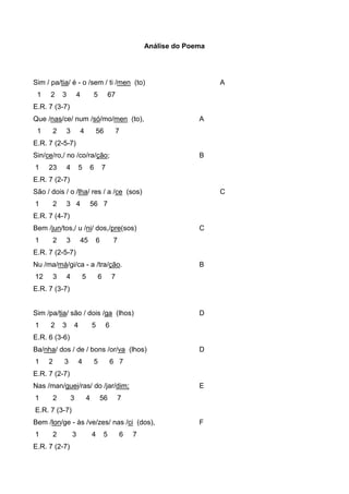 Análise do Poema

Sim / pa/tia/ é - o /sem / ti /men (to)
1

2

3

4

5

A

67

E.R. 7 (3-7)
Que /nas/ce/ num /só/mo/men (to),
1

2

3

4

56

A

7

E.R. 7 (2-5-7)
Sin/ce/ro,/ no /co/ra/ção;
1

23

4

5

6

B

7

E.R. 7 (2-7)
São / dois / o /lha/ res / a /ce (sos)
1

2

3 4

C

56 7

E.R. 7 (4-7)
Bem /jun/tos,/ u /ni/ dos,/pre(sos)
1

2

3

45

6

C

7

E.R. 7 (2-5-7)
Nu /ma/má/gi/ca - a /tra/ção.
12

3

4

5

6

B

7

E.R. 7 (3-7)

Sim /pa/tia/ são / dois /ga (lhos)
1

2

3

4

5

D

6

E.R. 6 (3-6)
Ba/nha/ dos / de / bons /or/va (lhos)
1

2

3

4

5

D

6 7

E.R. 7 (2-7)
Nas /man/guei/ras/ do /jar/dim;
1

2

3

4

56

E

7

E.R. 7 (3-7)
Bem /lon/ge - às /ve/zes/ nas /ci (dos),
1

2

E.R. 7 (2-7)

3

4

5

6

7

F

 